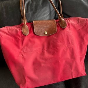 Longchamp La Pliage Large Tote in Red with natural leather long strap